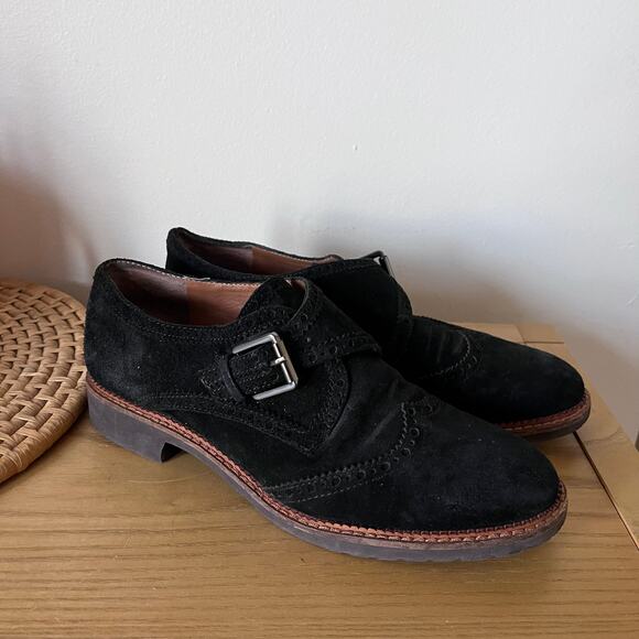 Franco Sarto Shoes - Franco Sarto Black Suede Oxford Buckle Low Heel Loafers Size 6.5